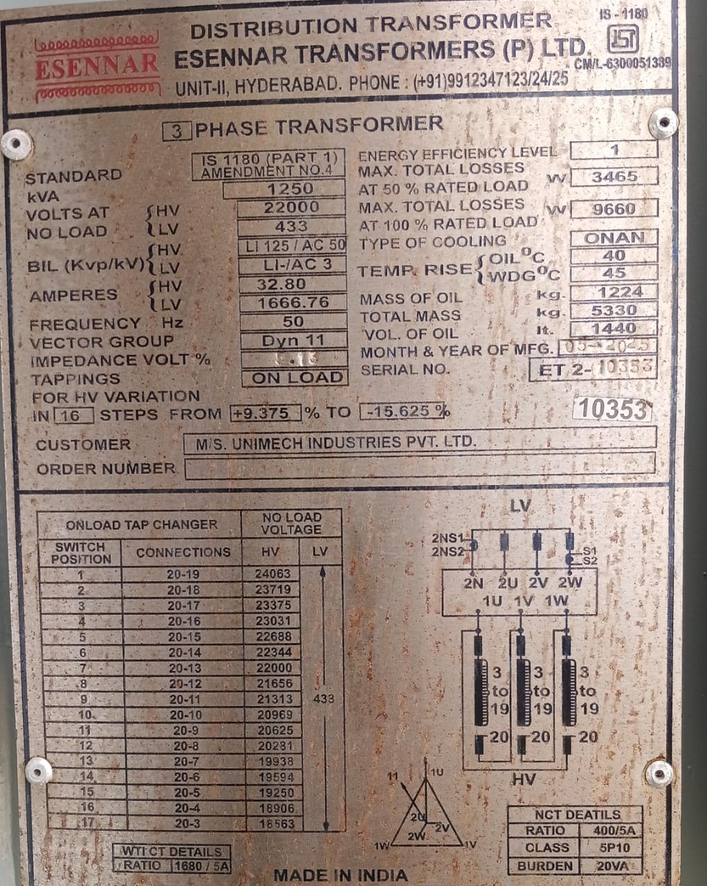1,250 kVA transformer nameplate — Esennar Transformers
